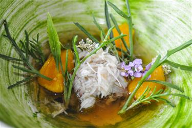 Noma menu, Brown Crab, Egg Yolk and Herbs