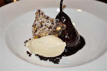 The Kitchin, Kitchin British Pear Poached In Chocolate Served With Vanilla Ice Cream